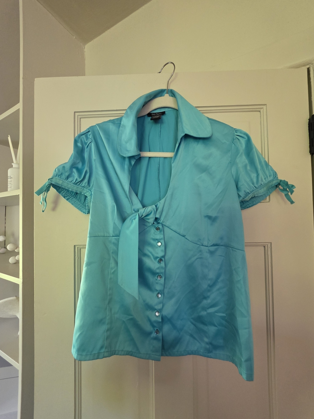 Bob Mackie Silky Tie-Front Short Sleeve Blouse - Aqua